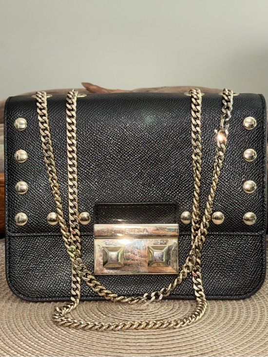 Furla Handbags - Furla Black Cross Grain Shoulder Bag with Gold Studs & Strap